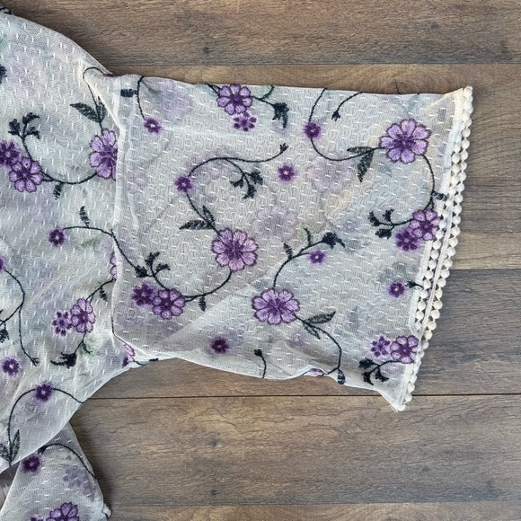 Blue Rain Sheer Kimono with Purple Floral Embroidery - Picture 7 of 7